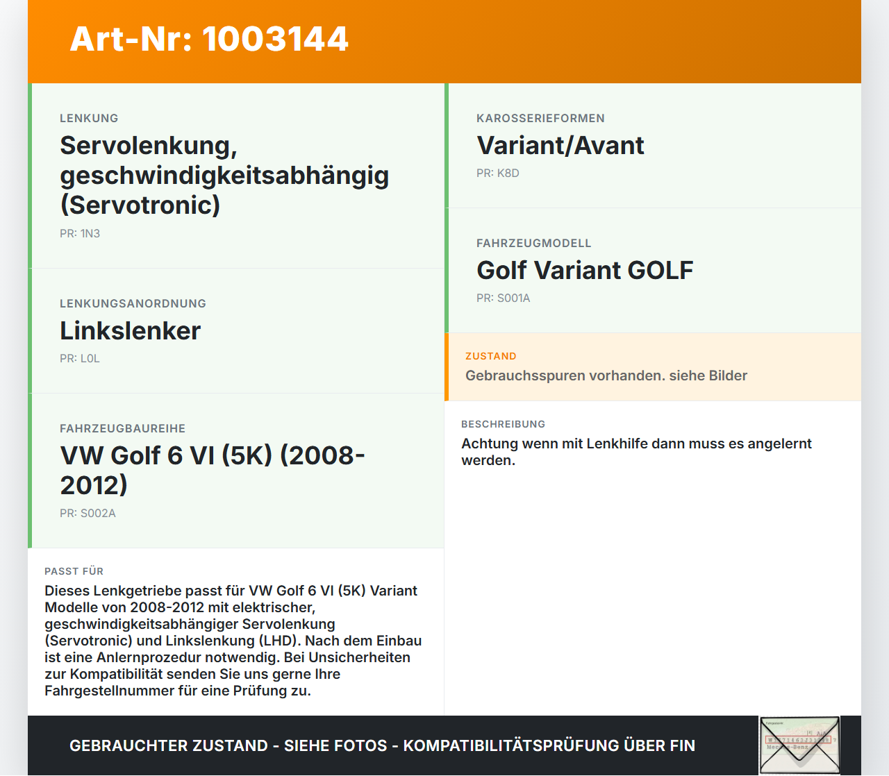 VW Golf 5K 6 VI Variant 08-12 Lenkgetriebe Elektr. Servolenkung Lenkhilfe VW Golf 5K 6 VI Variant 08-12 18.11.2010... Vorschau 3