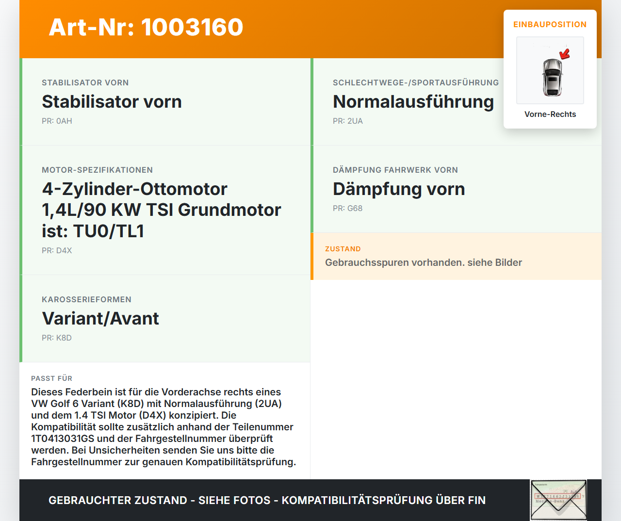 VW Golf 5K 6 VI Variant 08-12 5T Federbein Stoßdämpfer Vorne Rechts VW Golf 5K 6 VI Variant 08-12 18.11.2010... Vorschau 3