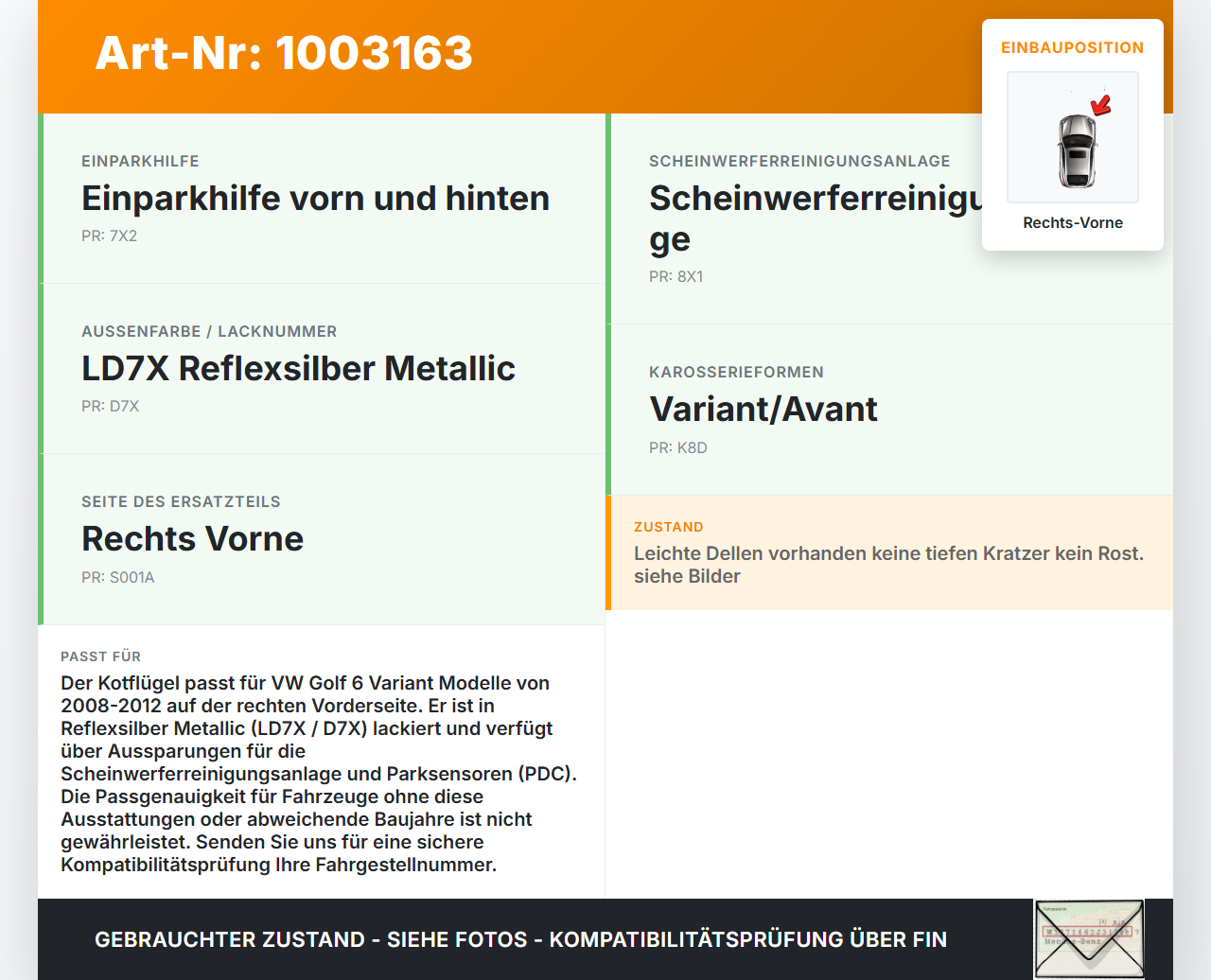 VW Golf 5K 6 VI Variant 08-12 Kotflügel Rechts Vorne LD7X VW Golf 5K 6 VI Variant 08-12 18.11.2010 1K9821022 gebraucht Vorschau 3