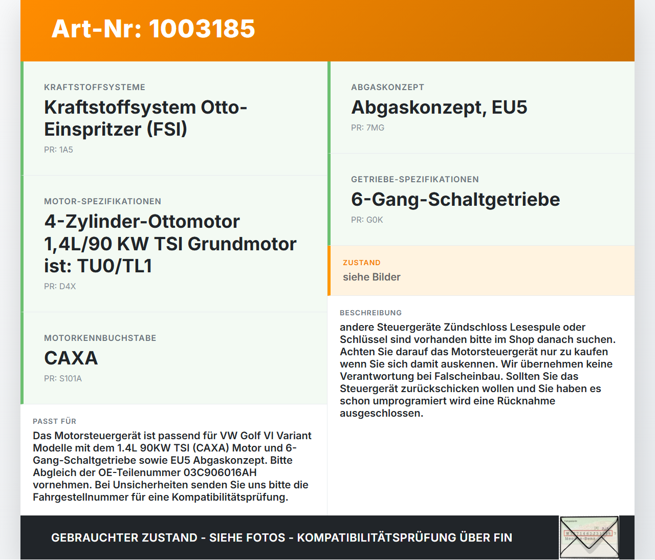 VW Golf 5K 6 VI Variant 08-12 1,4 90KW Steuergerät ECU für Motor Motorsteuergerät VW Golf 5K 6 VI Variant 08-12... Vorschau 3