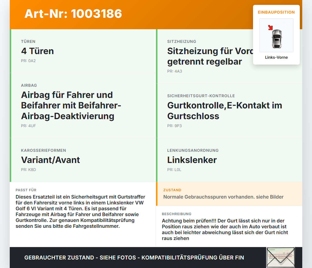 VW Golf 5K 6 VI Variant 08-12 5T Gurt Sicherheitsgurt m. Gurtstraffer Fahrer Links Vorne VW Golf 5K 6 VI Variant... Vorschau 3