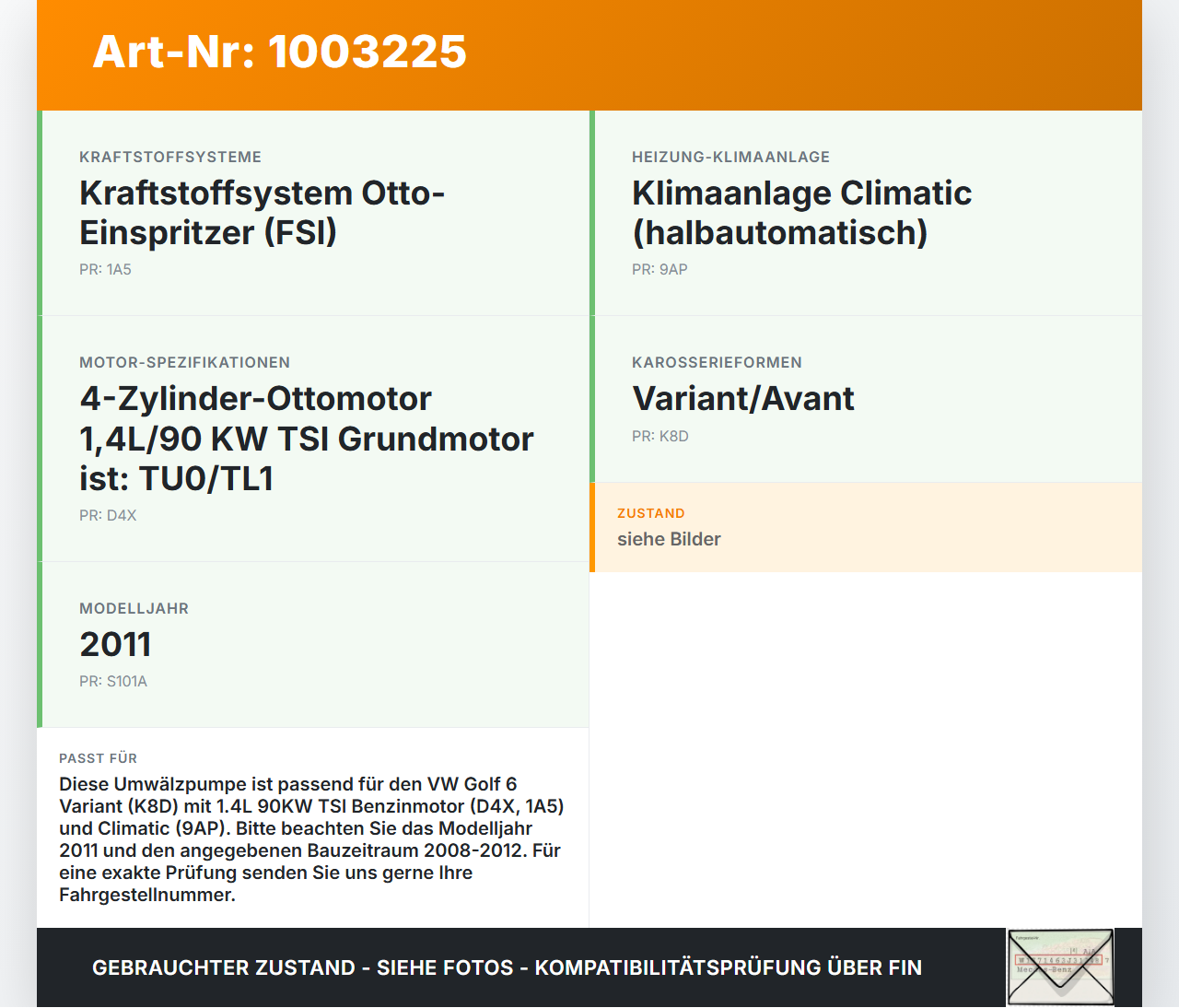 VW Golf 5K 6 VI Variant 08-12 1,4 90KW Umwelzpumpe Heizung Pumpe VW Golf 5K 6 VI Variant 08-12 18.11.2010... Vorschau 3