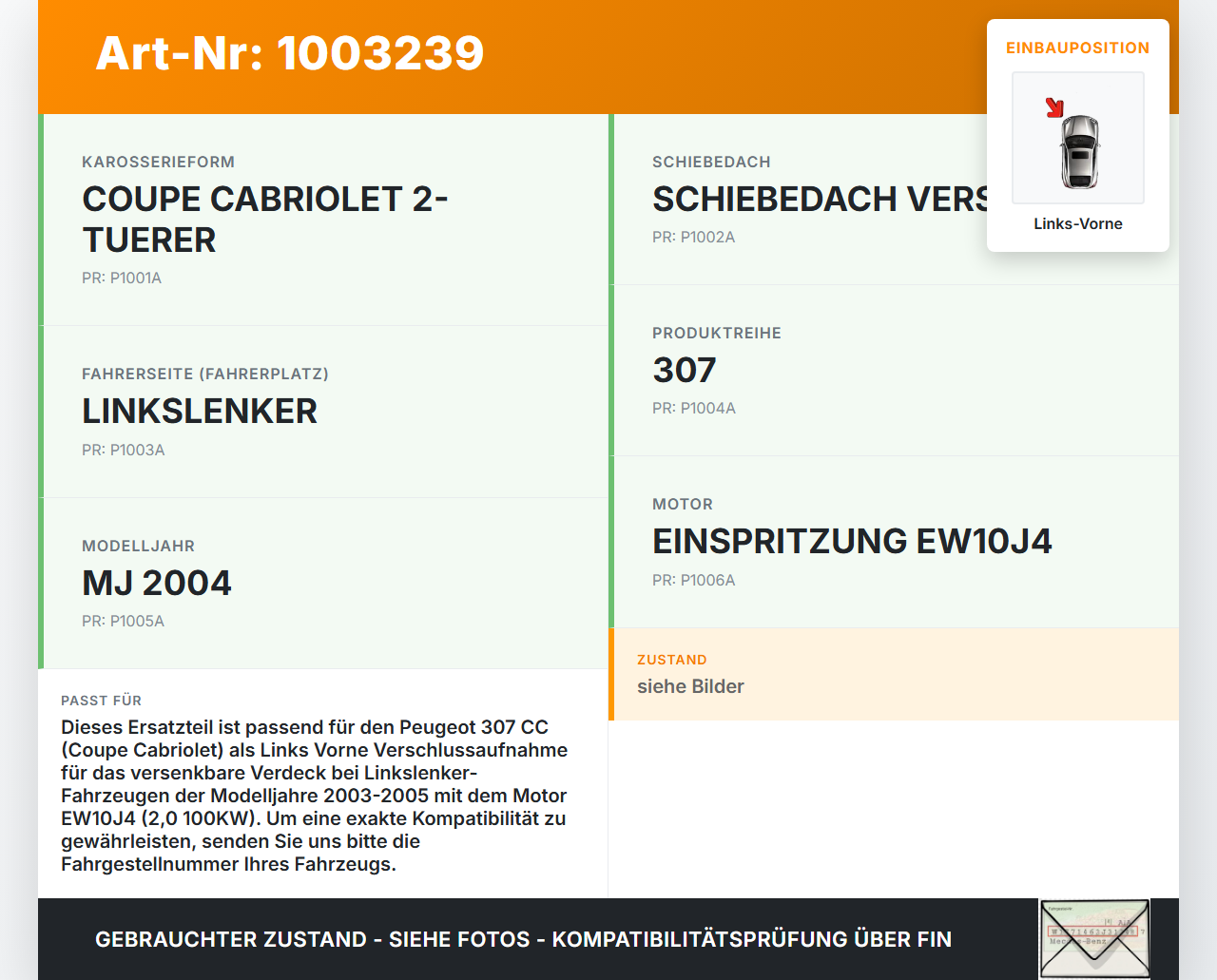 Peugeot 307 CC 03-05 2,0 100KW ZB Verschlussaufnahme für Verdeck Links Vorne Peugeot 307 CC 03-05 21.05.2004... Vorschau 3