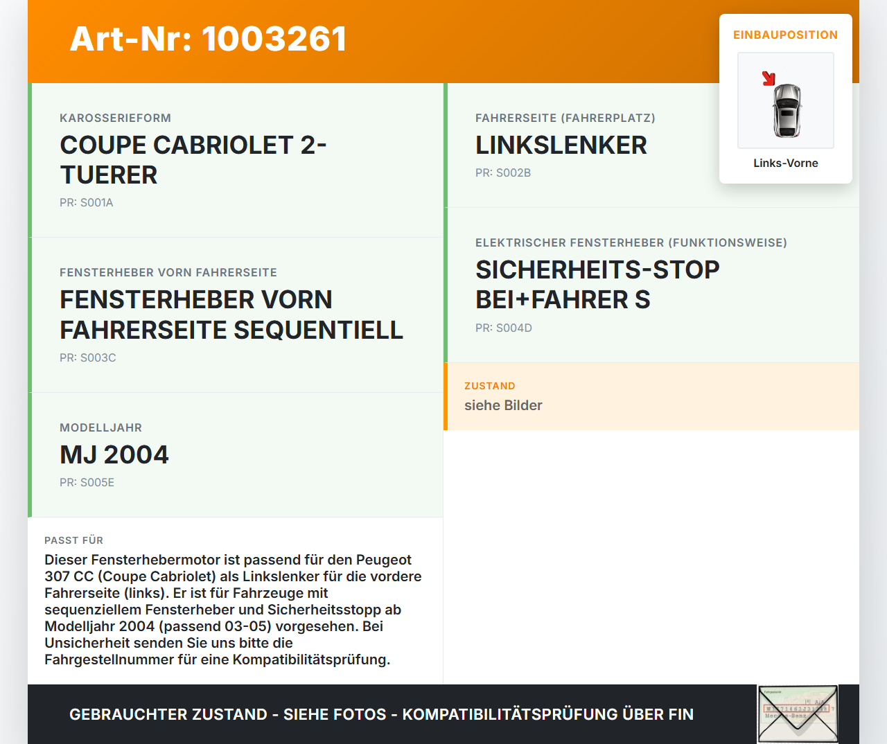 Peugeot 307 CC 03-05 Cabriolet Fensterhebermotor Links Vorne Peugeot 307 CC 03-05 21.05.2004 9221P9 9651734880... Vorschau 3