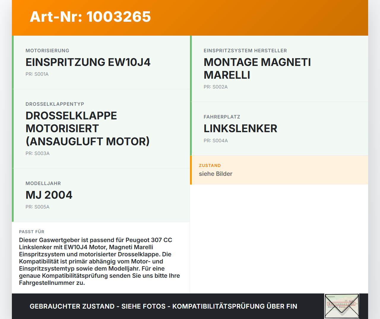 Peugeot 307 CC 03-05 2,0 100KW Gaswertgeber Gaspedal Peugeot 307 CC 03-05 21.05.2004 3695-D10 gebraucht Vorschau 3