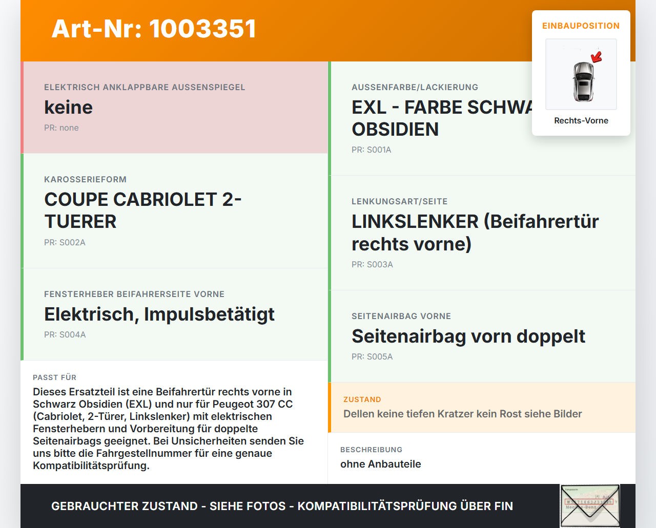 Peugeot 307 CC 03-05 Cabriolet Tür Beifahrertür Rechts Vorne EXL Peugeot 307 CC 03-05 21.05.2004 gebraucht Vorschau 3