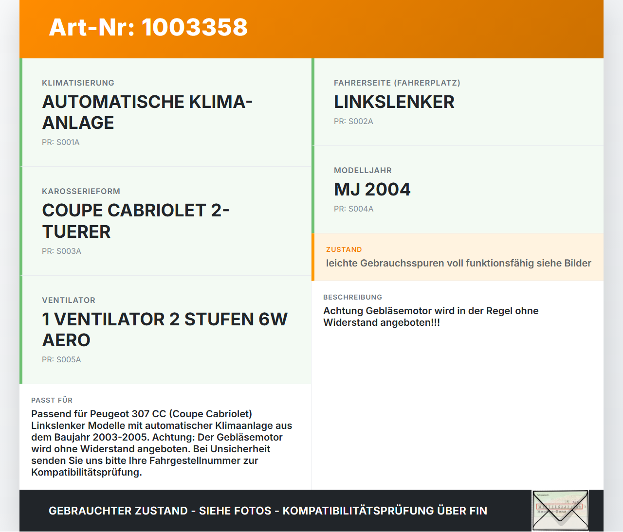 Peugeot 307 CC 03-05 Gebläsemotor Lüftermotor Heizungsgebläse Peugeot 307 CC 03-05 21.05.2004 gebraucht Vorschau 3