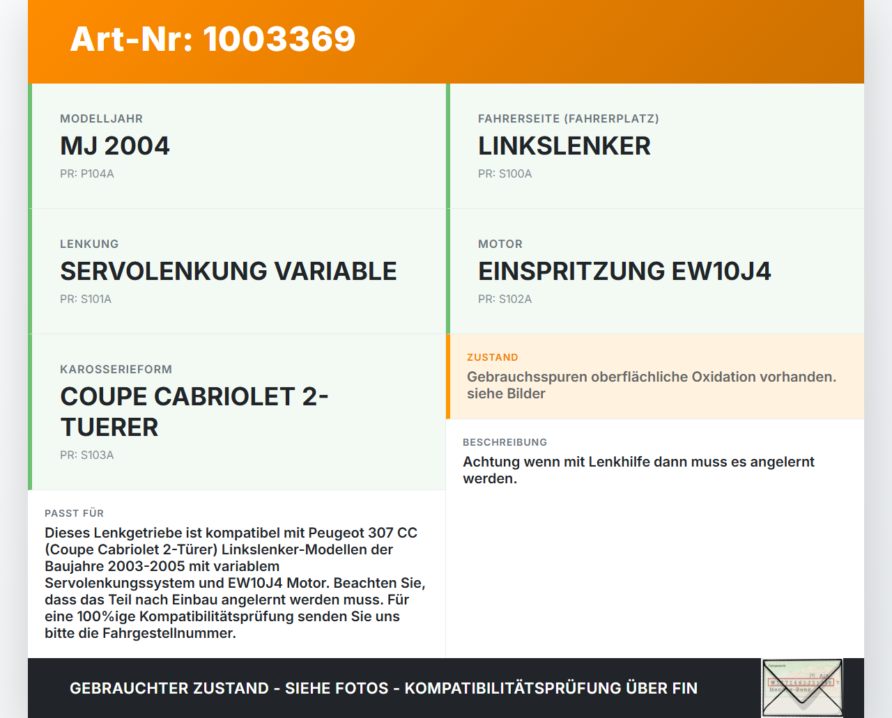 Peugeot 307 CC 03-05 Lenkgetriebe Servolenkung Peugeot 307 CC 03-05 21.05.2004 gebraucht Vorschau 3