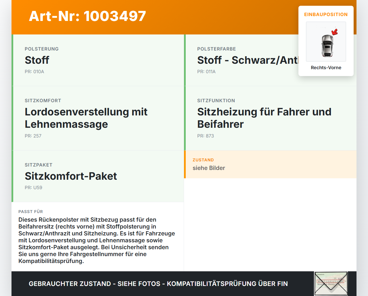Mercedes B180 W246 11-14 Sitzbezug Rückenpolster Rechts Vorne für Beifahrer Sitz beheizt Mercedes B180 W246 11-14... Vorschau 3