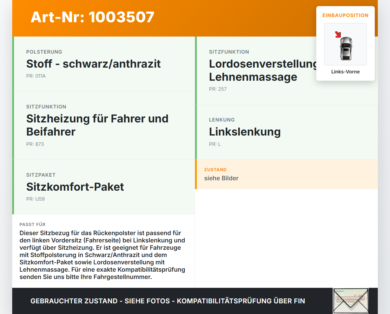Mercedes B180 W246 11-14 Sitzbezug Rückenpolster Links Vorne für Fahrer Sitz beheizt Mercedes B180 W246 11-14... Vorschau 3