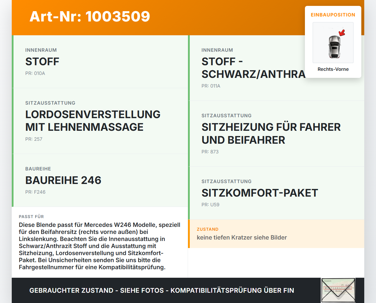 Mercedes B180 W246 11-14 Blende Innen Rechts Vorne Aussen für Beifahrersitz Mercedes B180 W246 11-14 22.12.2011... Vorschau 3