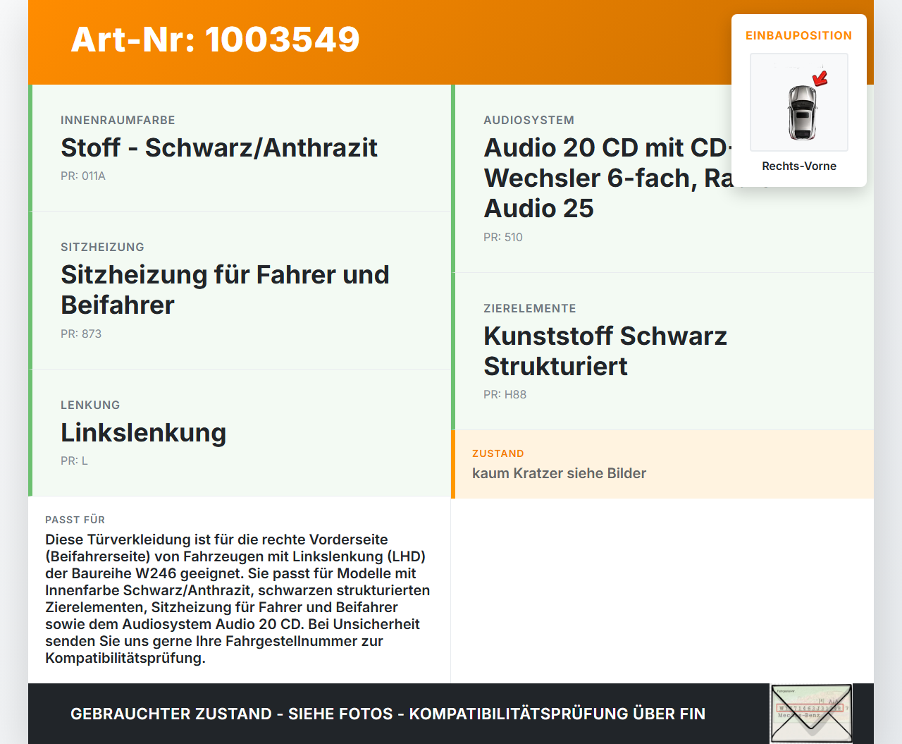 Mercedes B180 W246 11-14 Türverkleidung Türpappe Rechts Vorne Mercedes B180 W246 11-14 22.12.2011 A2467200262 gebraucht Vorschau 3