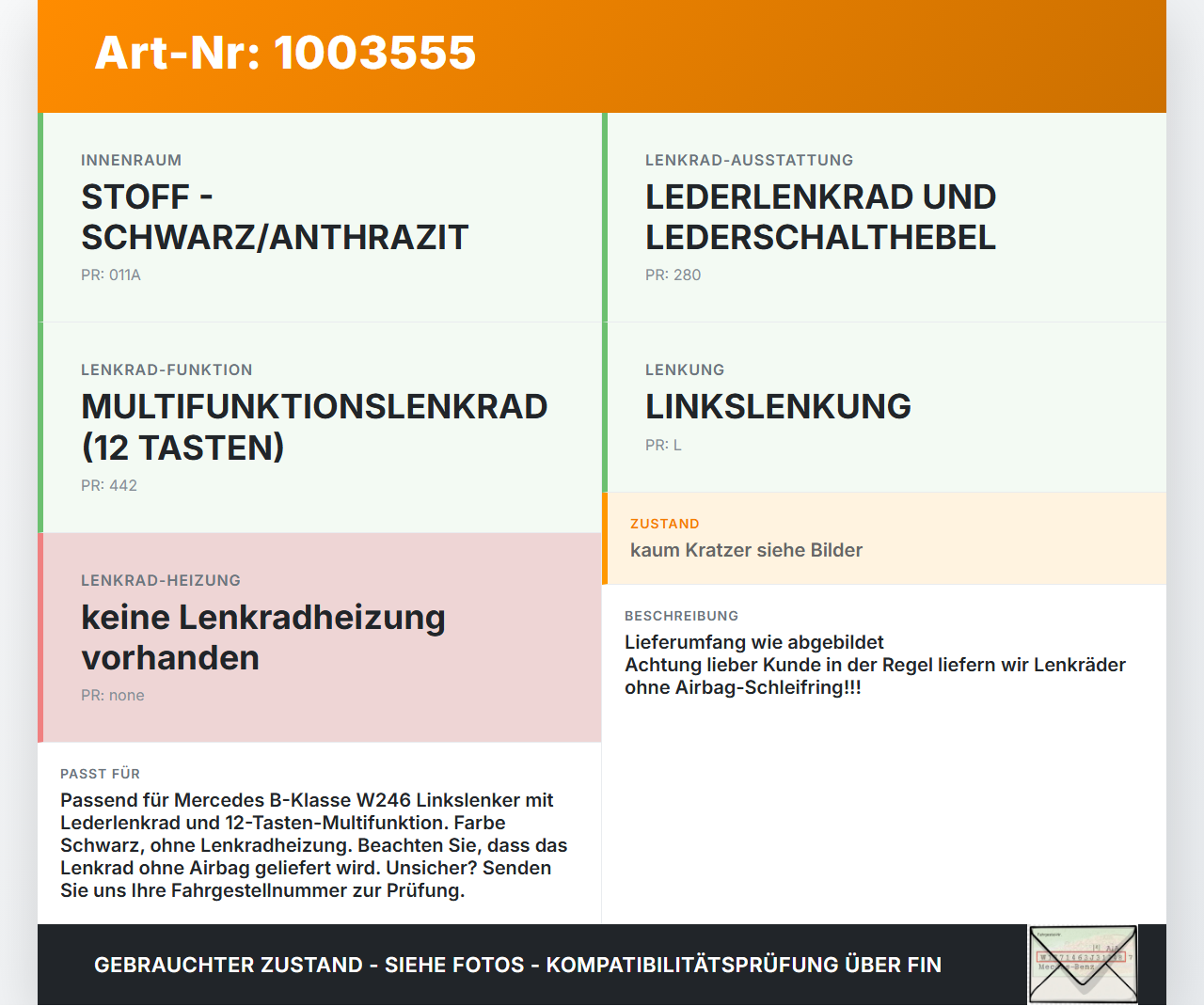 Mercedes B180 W246 11-14 Lenkrad ohne Airbag Mercedes B180 W246 11-14 22.12.2011 A2464603803 00114627452 gebraucht Vorschau 3