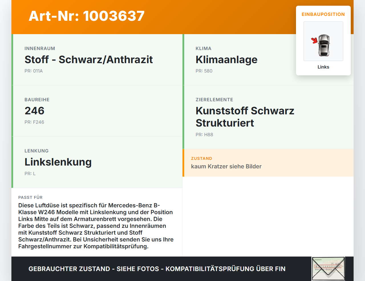 Mercedes B180 W246 11-14 Luftdusche Luftdüse Links Mitte Mercedes B180 W246 11-14 22.12.2011 A2468300354... Vorschau 3