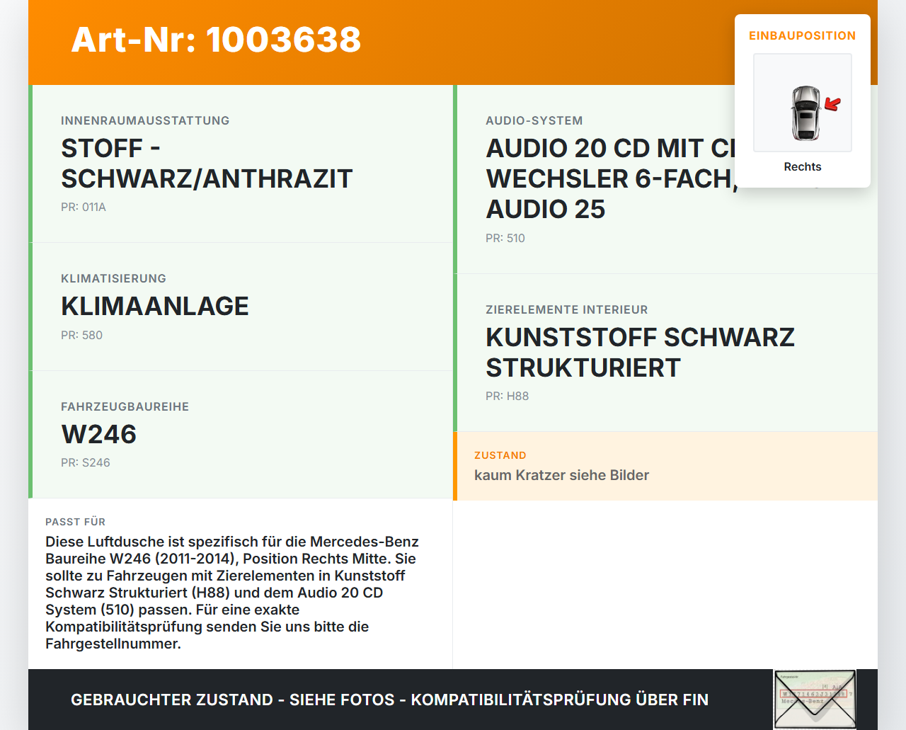Mercedes B180 W246 11-14 Luftdusche Luftdüse Rechts Mitte Mercedes B180 W246 11-14 22.12.2011 A2468300354 gebraucht Vorschau 3
