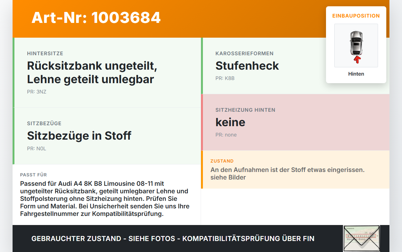Audi A4 8K B8 08-11 Lim Sitzpolster f. Rücksitzbank Hinten Audi A4 8K B8 08-11 04.04.2009 8K0885375 gebraucht Vorschau 3