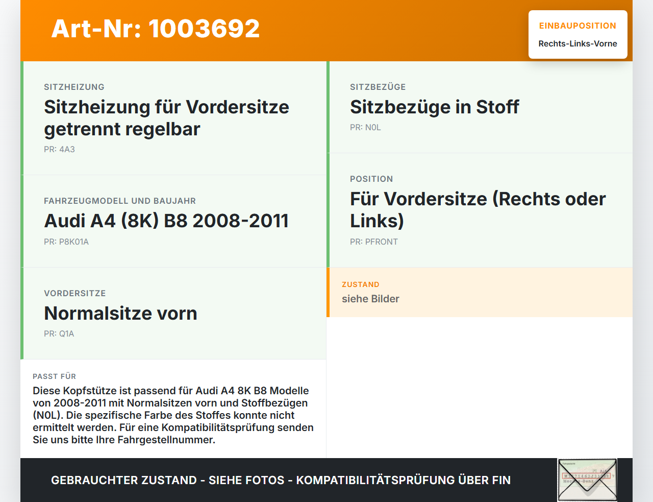 Audi A4 8K B8 08-11 Kopfstütze für Fahrer Sitz Rechts oder Links Vorne Audi A4 8K B8 08-11 04.04.2009 8K0881905... Vorschau 3