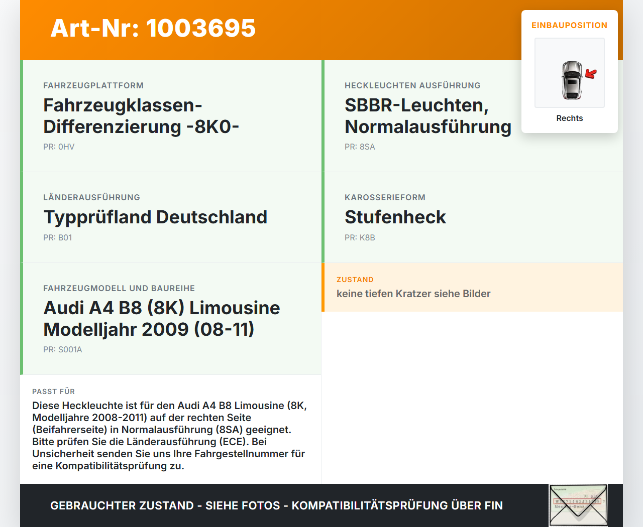 Audi A4 8K B8 08-11 Lim Rückleuchte Rücklicht Heckleuchte Rechts orig Audi A4 8K B8 08-11 04.04.2009 8K5945096D... Vorschau 3