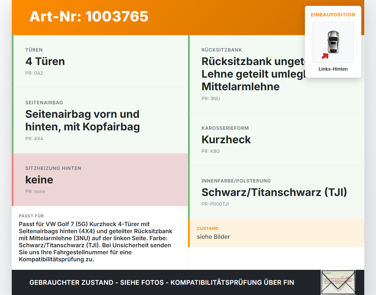 VW Golf 7 VII 5G 12-17 5T Seitenpolster Links für Rücksitzbank Hinten SRS VW Golf 7 VII 5G 12-17 12.02.2013... Vorschau 3