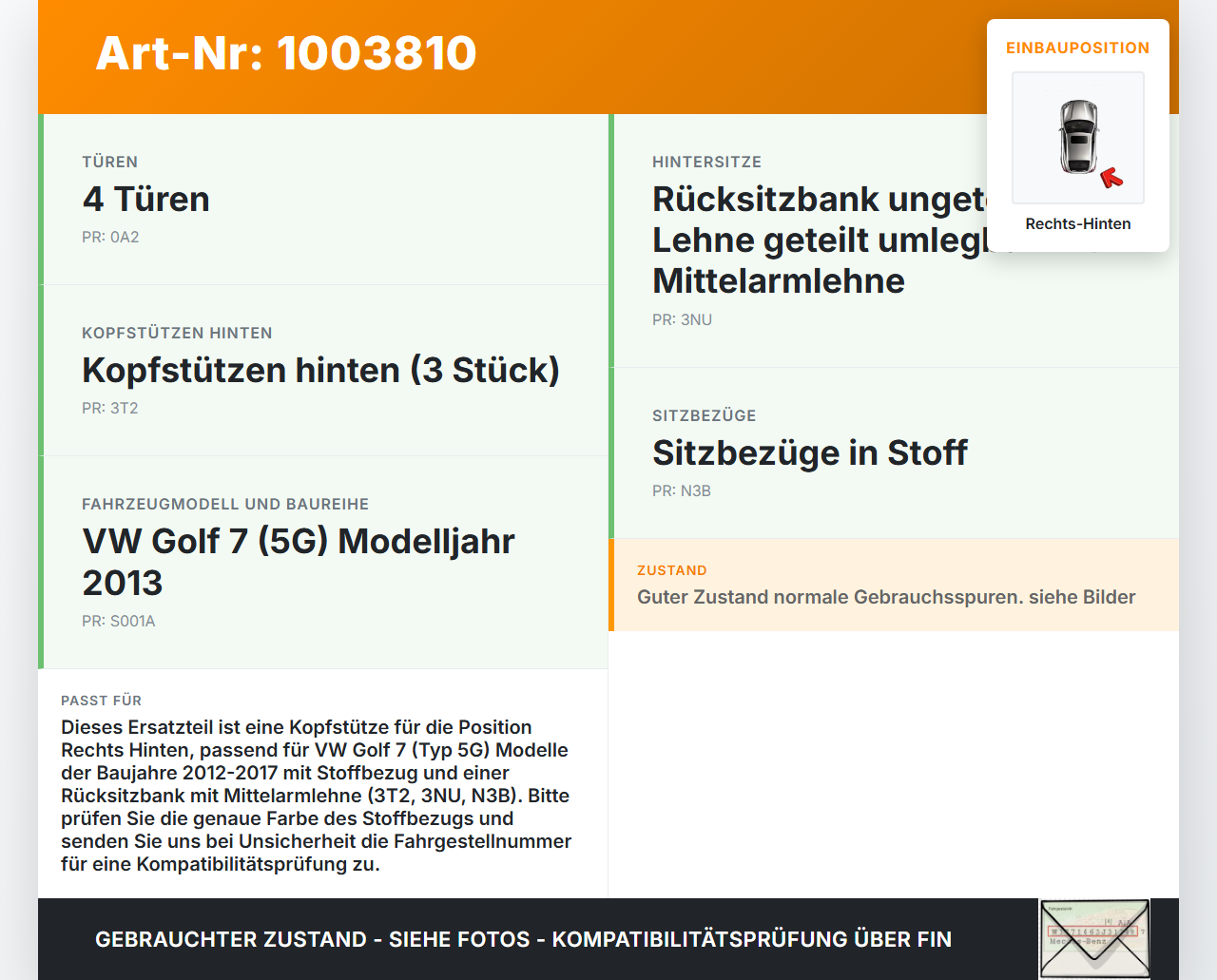 VW Golf 7 VII 5G 12-17 Kopfstütze Rechts Hinten VW Golf 7 VII 5G 12-17 12.02.2013 5G0885901AB gebraucht Vorschau 3