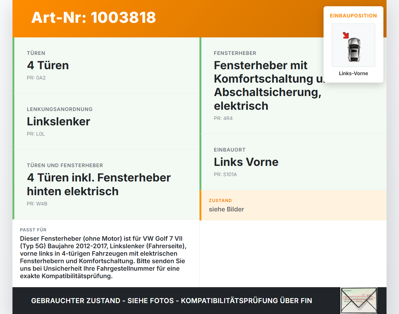 VW Golf 7 VII 5G 12-17 5T Fensterheber o. FH-Motor Links Vorne VW Golf 7 VII 5G 12-17 12.02.2013 5G4837461H gebraucht Vorschau 3