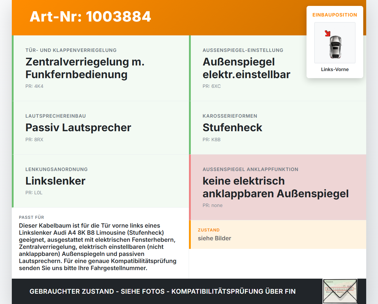 Audi A4 8K B8 08-11 Lim Kabelbaum Tür und Fensterheber Links Vorne Audi A4 8K B8 08-11 04.04.2009 8K0971029N... Vorschau 3