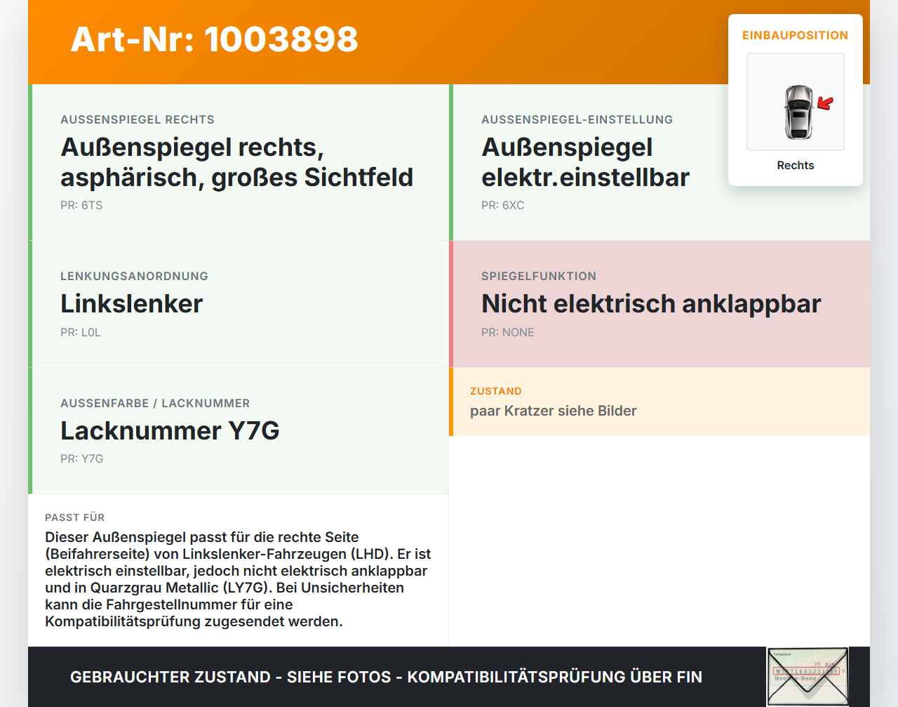 Audi A4 8K B8 08-11 Spiegel Aussenspiegel Rechts LY7G Audi A4 8K B8 08-11 04.04.2009 8K1857410E gebraucht Vorschau 3