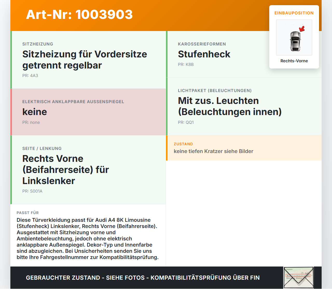 Audi A4 8K B8 08-11 Lim Türverkleidung Türpappe Rechts Vorne Audi A4 8K B8 08-11 04.04.2009 8K0867104D gebraucht Vorschau 3