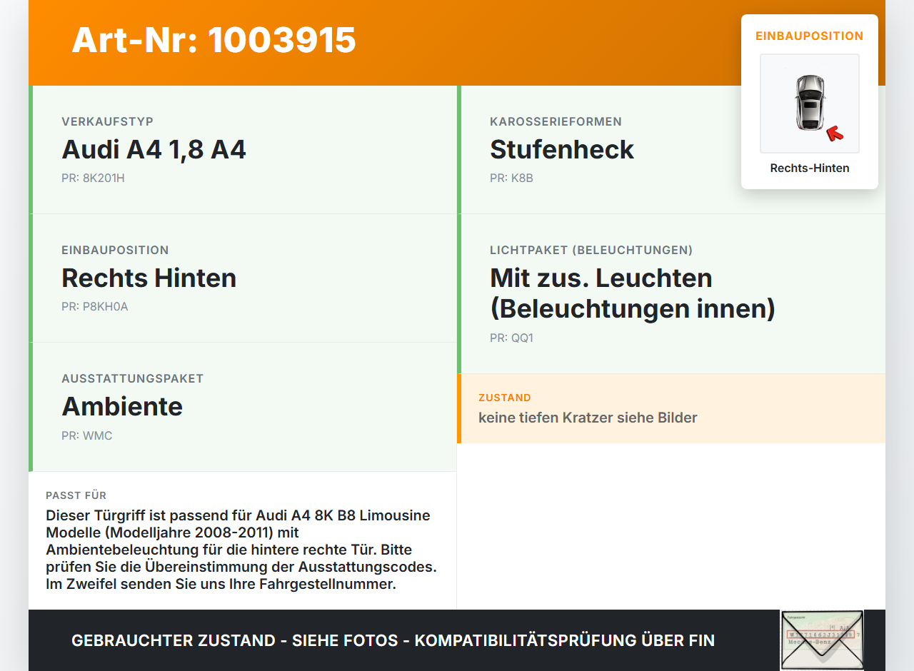 Audi A4 8K B8 08-11 Lim Griff Griffmuschel Türgriff Innen Rechts Hinten Ambiente Light Audi A4 8K B8 08-11... Vorschau 3