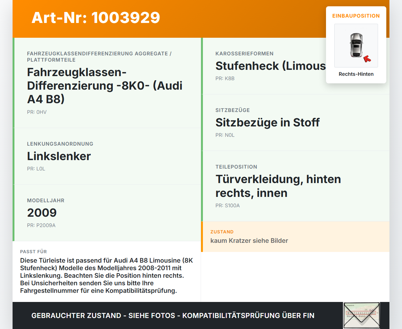 Audi A4 8K B8 08-11 Lim Türleiste Rechts Hinten Innen LY7G Audi A4 8K B8 08-11 04.04.2009 8K0867420 gebraucht Vorschau 3