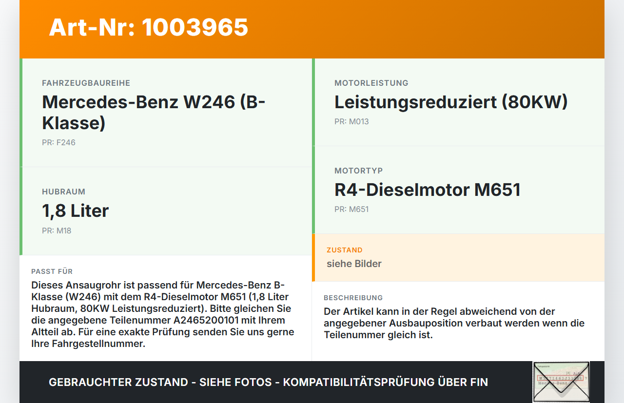 Mercedes B180 W246 11-14 CDI 1,8 80KW Ansaugrohr Ladeluftschlauch Luftschlauch Pos.1 Mercedes B180 W246 11-14... Vorschau 3