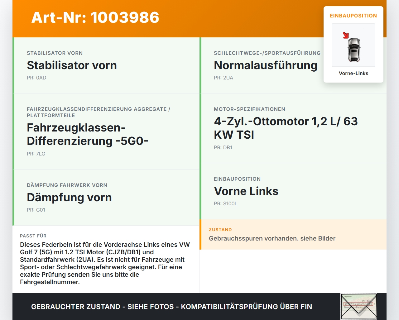 VW Golf 7 VII 5G 12-17 5T Federbein Stossdämpfer Vorne Links VW Golf 7 VII 5G 12-17 12.02.2013 5Q0413023FH gebraucht Vorschau 3
