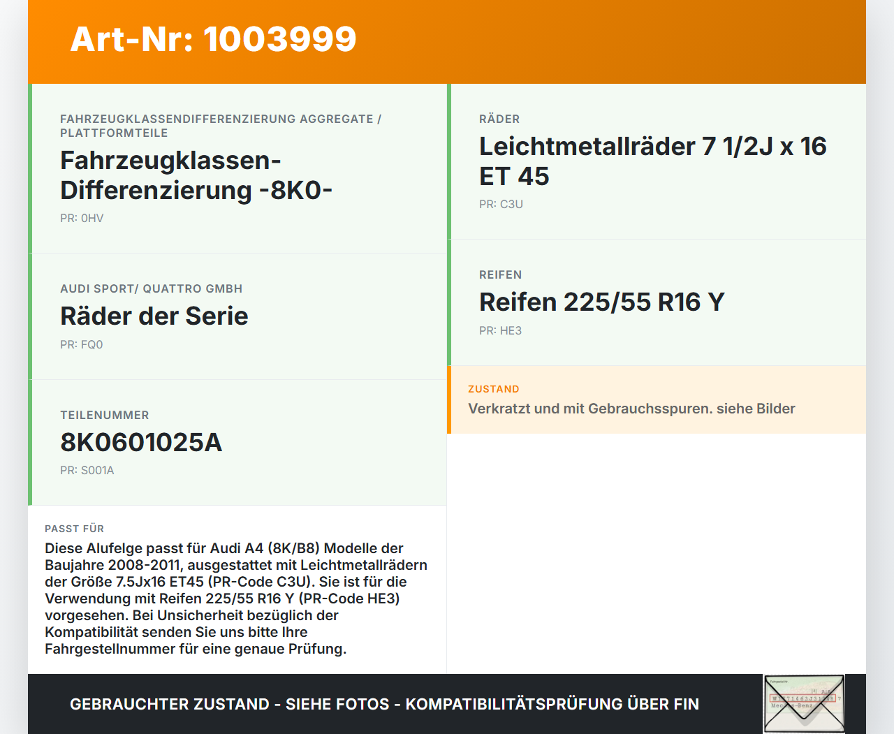 Audi A4 8K B8 08-11 1x Felge Alufelge 5X112 7.5X16Zoll ET45 Audi A4 8K B8 08-11 04.04.2009 8K0601025A gebraucht Vorschau 3