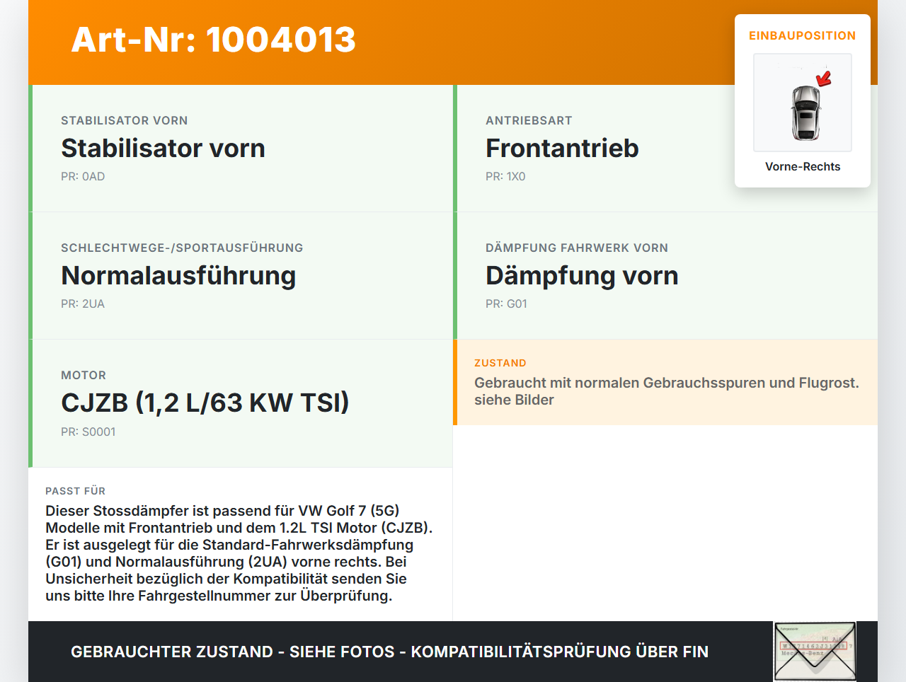 VW Golf 7 VII 5G 12-17 5T Stossdämpfer Federbein Vorne Rechts VW Golf 7 VII 5G 12-17 12.02.2013 5Q0413023FH gebraucht Vorschau 3