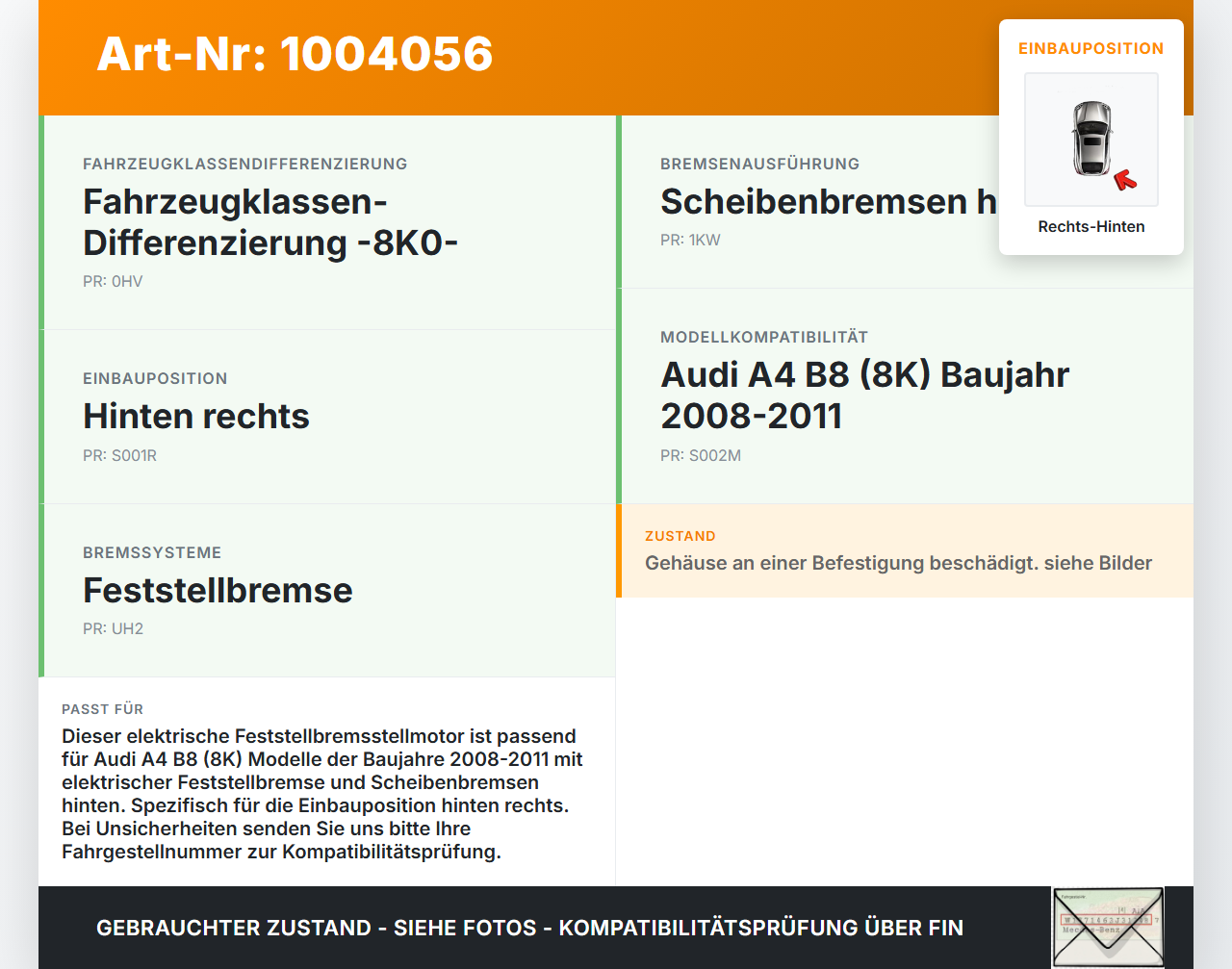 Audi A4 8K B8 08-11 Elektrische Feststellbremse Stellmotor Rechts Hinten Audi A4 8K B8 08-11 04.04.2009 8K0998281... Vorschau 3