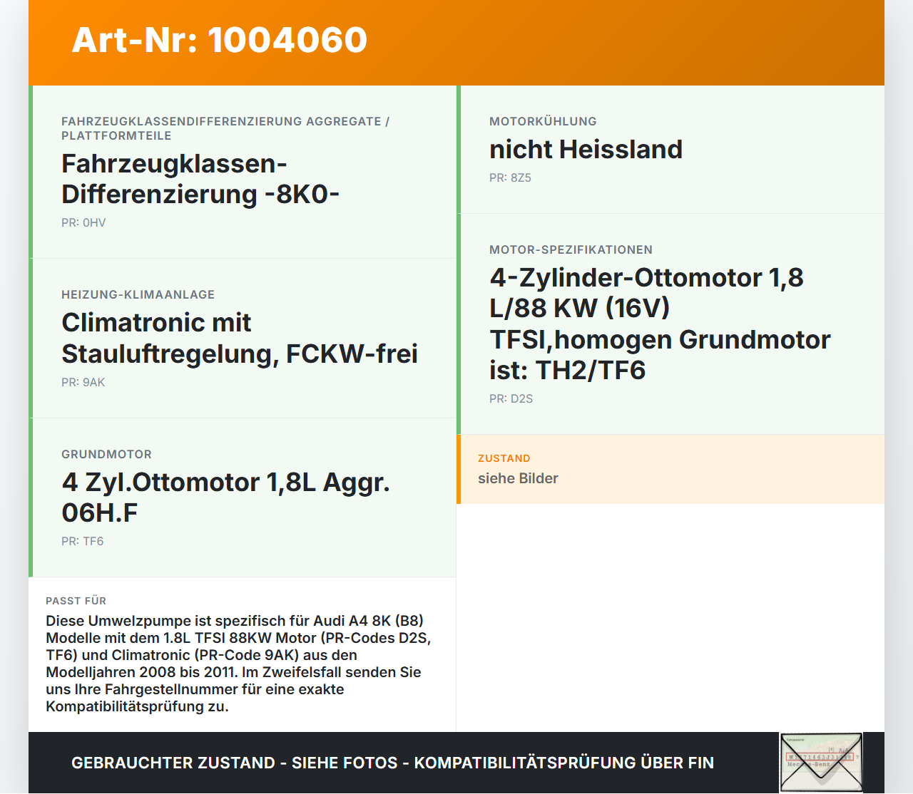 Audi A4 8K B8 08-11 1,8 88KW Umwelzpumpe Heizung Pumpe Audi A4 8K B8 08-11 04.04.2009 06H965561 831071 0040699 gebraucht Vorschau 3