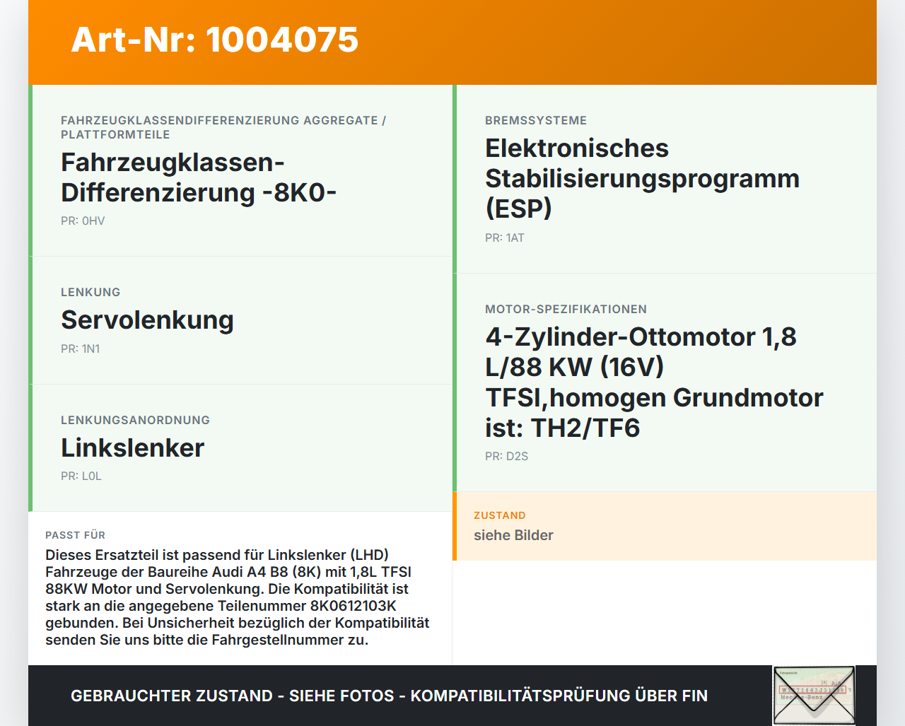 Audi A4 8K B8 08-11 1,8 88KW Bremskraftverstärker Audi A4 8K B8 08-11 04.04.2009 8K0612107B 8K0612103K gebraucht Vorschau 3