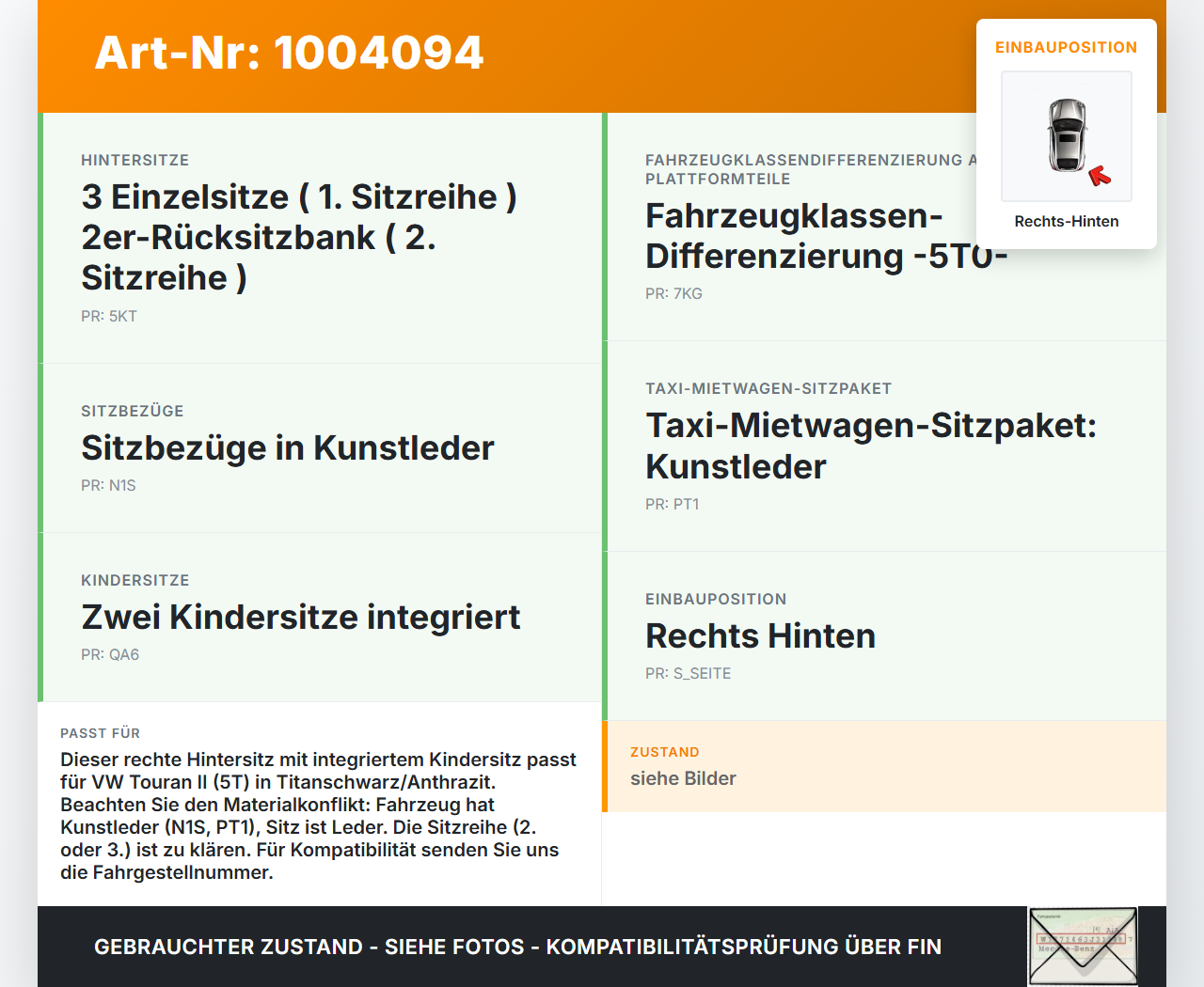VW Touran II 5T 15-21 Sitz Rechts Hinten mit integriertem Kindersitz Leder Titanschwarz/Anthrazit VW Touran II 5T... Vorschau 3
