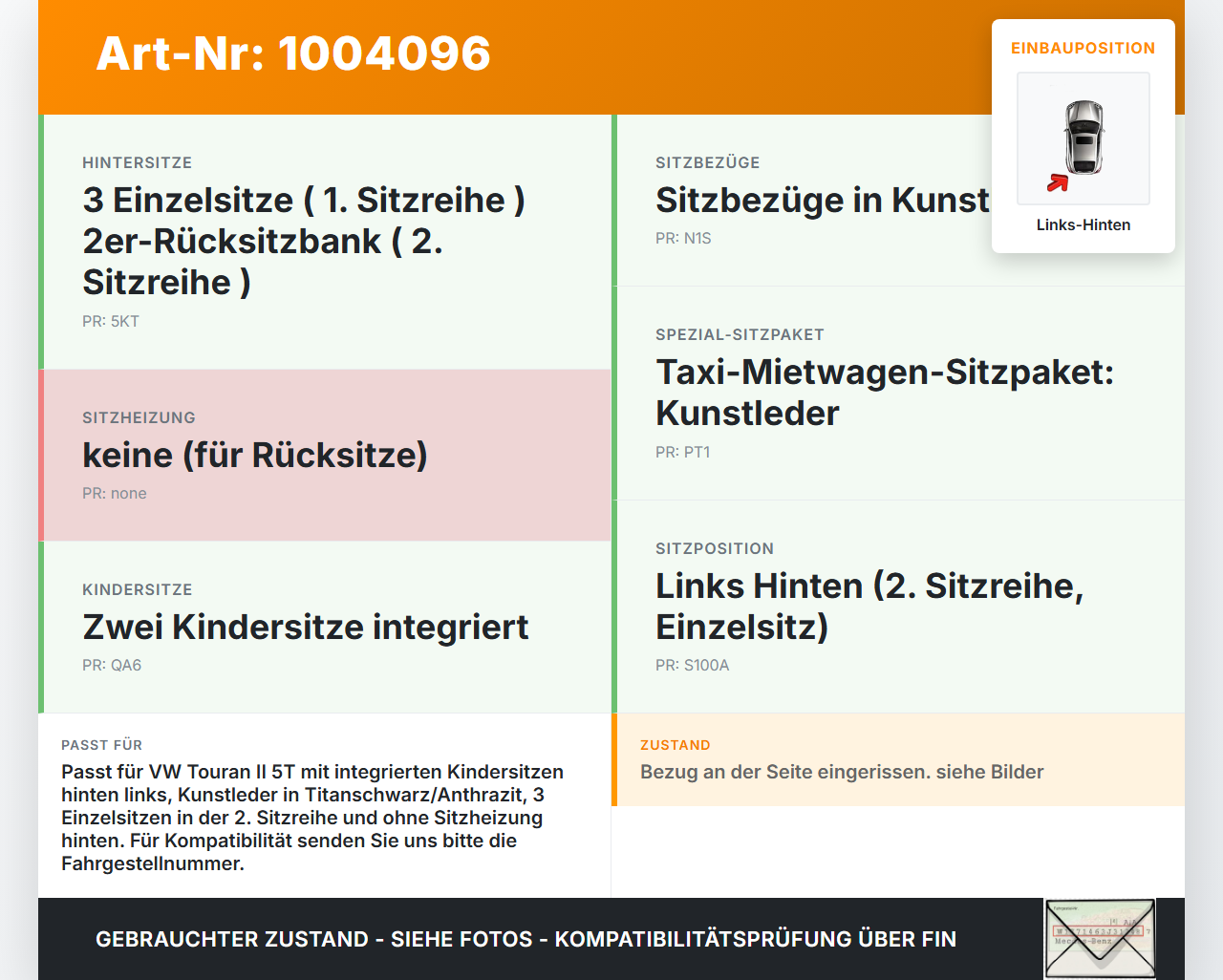 VW Touran II 5T 15-21 Sitz Links Hinten Leder mit integr. Kindersitz Titanschwarz/Anthrazit VW Touran II 5T 15-21... Vorschau 3