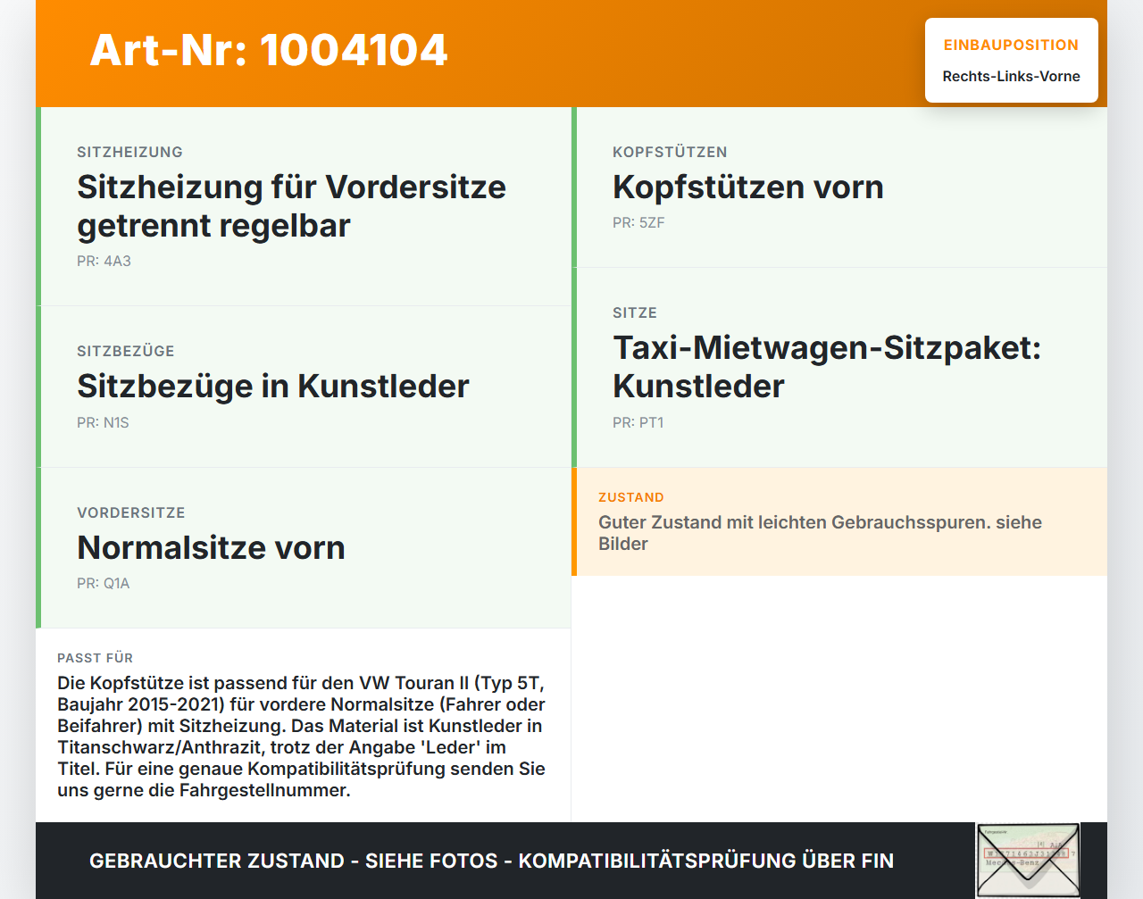 VW Touran II 5T 15-21  Leder Kopfstütze für Beifahrer Sitz Rechts oder Links Vorne Titanschwarz/Anthrazit VW Touran... Vorschau 3