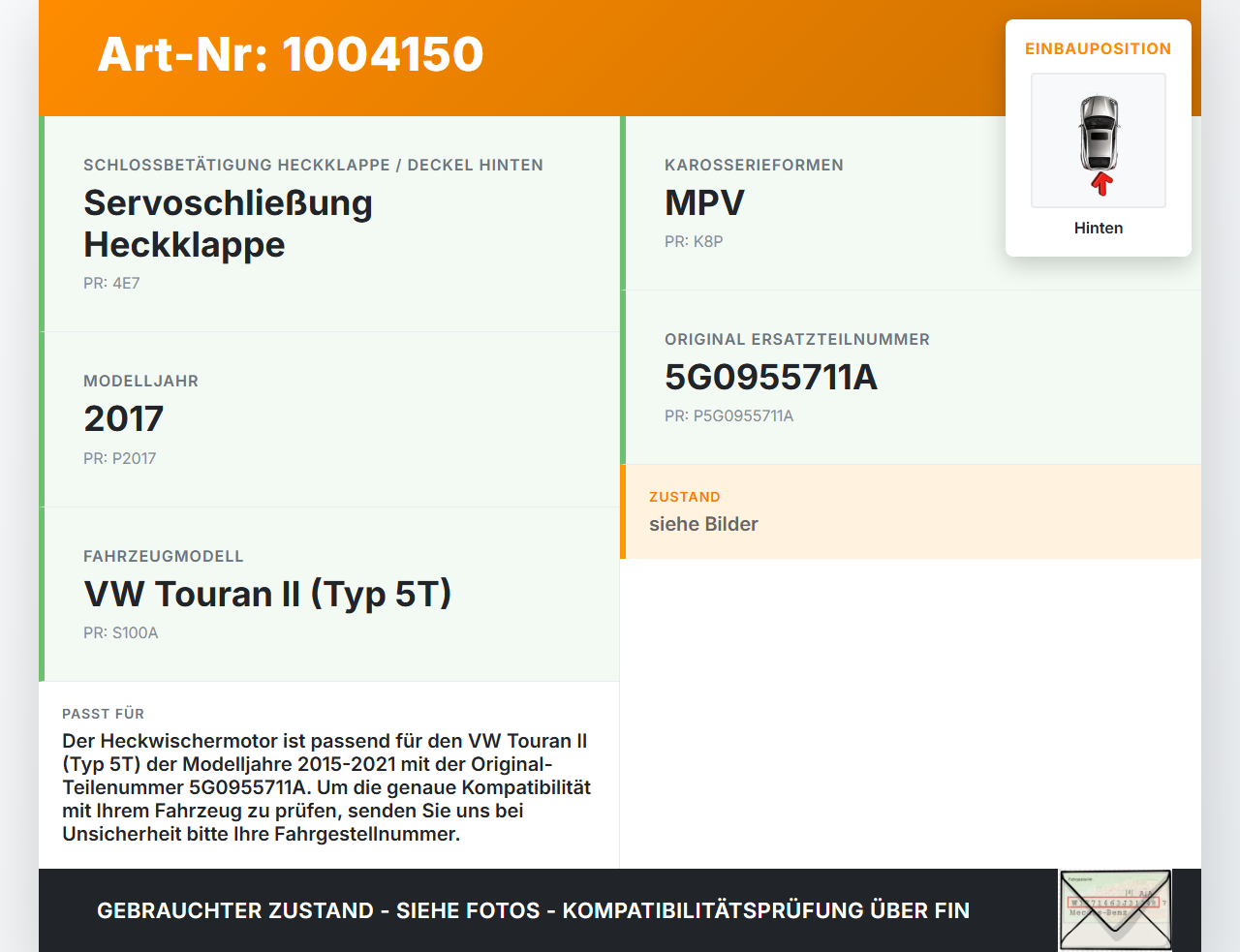 VW Touran II 5T 15-21 Wischermotor Hinten Heckwischermotor VW Touran II 5T 15-21 24.10.2016 5G0955711C 5G0955711A... Vorschau 3