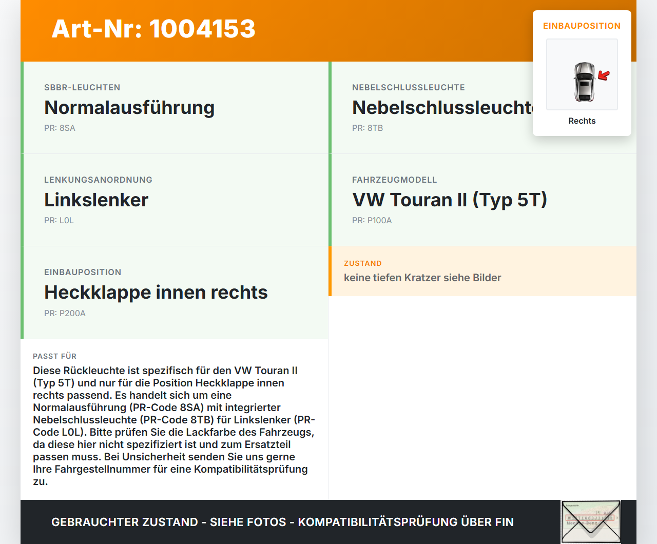 VW Touran II 5T 15-21 Rückleuchte Heckleuchte für Klappe Innen Rechts VW Touran II 5T 15-21 24.10.2016 5TA945094D... Vorschau 3