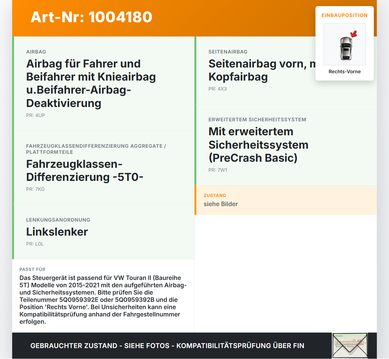 VW Touran II 5T 15-21 SG Steuergerät für Tür Airbag Rechts Vorne VW Touran II 5T 15-21 24.10.2016 5Q0959592E... Vorschau 3