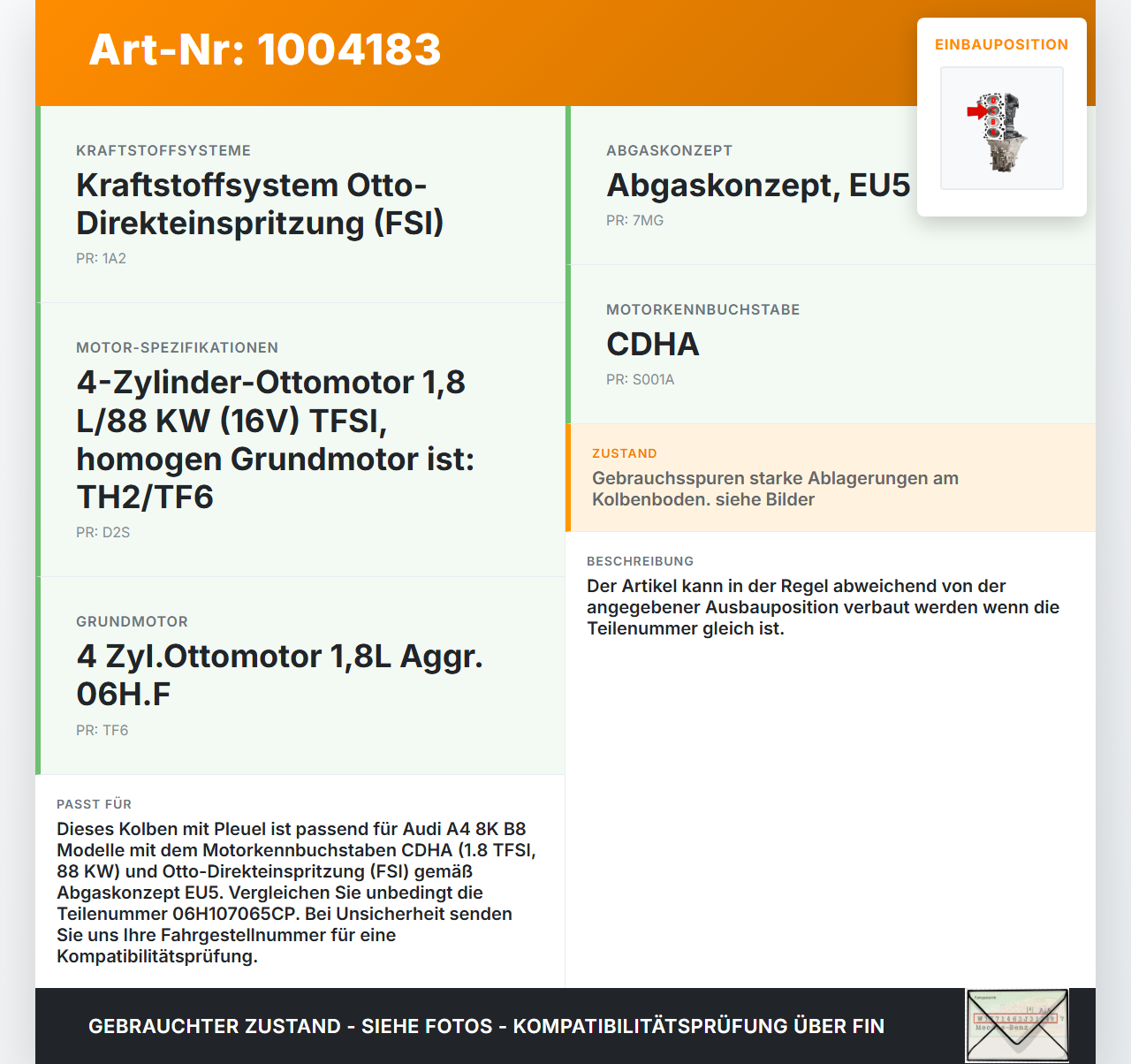 Audi A4 8K B8 08-11 1,8 88KW CDHA Kolben mit Pleuel Pos C Audi A4 8K B8 08-11 04.04.2009 06H107065CP gebraucht Vorschau 3