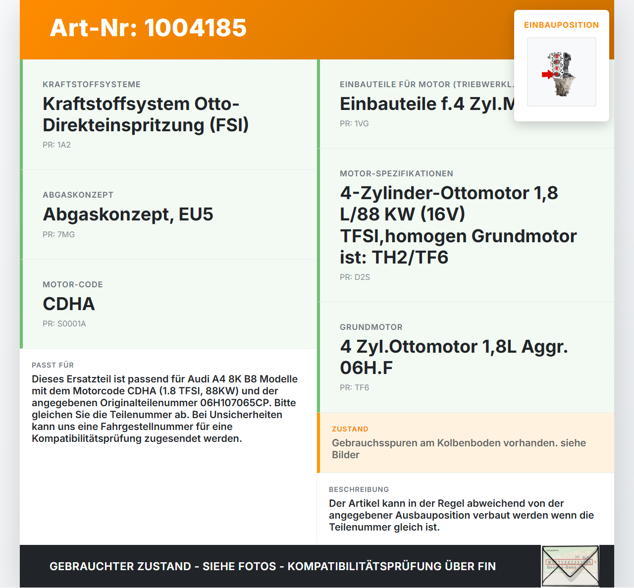 Audi A4 8K B8 08-11 1,8 88KW CDHA Kolben mit Pleuel Pos A Audi A4 8K B8 08-11 04.04.2009 06H107065CP gebraucht Vorschau 3