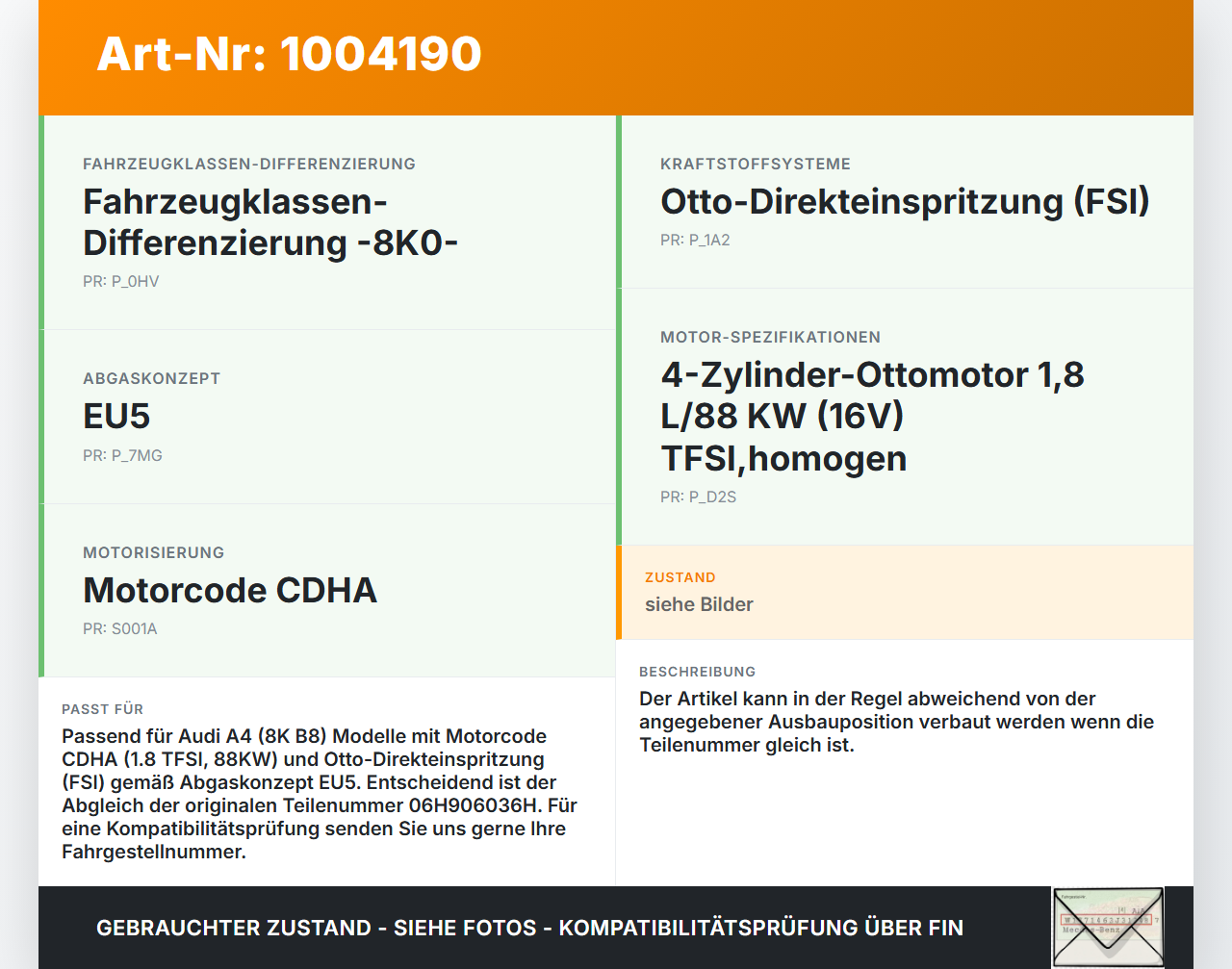 Audi A4 8K B8 08-11 1,8 88KW Injektor Einspritzdüse Zyl.2 Audi A4 8K B8 08-11 04.04.2009 06H906036Q 06H906036H... Vorschau 3