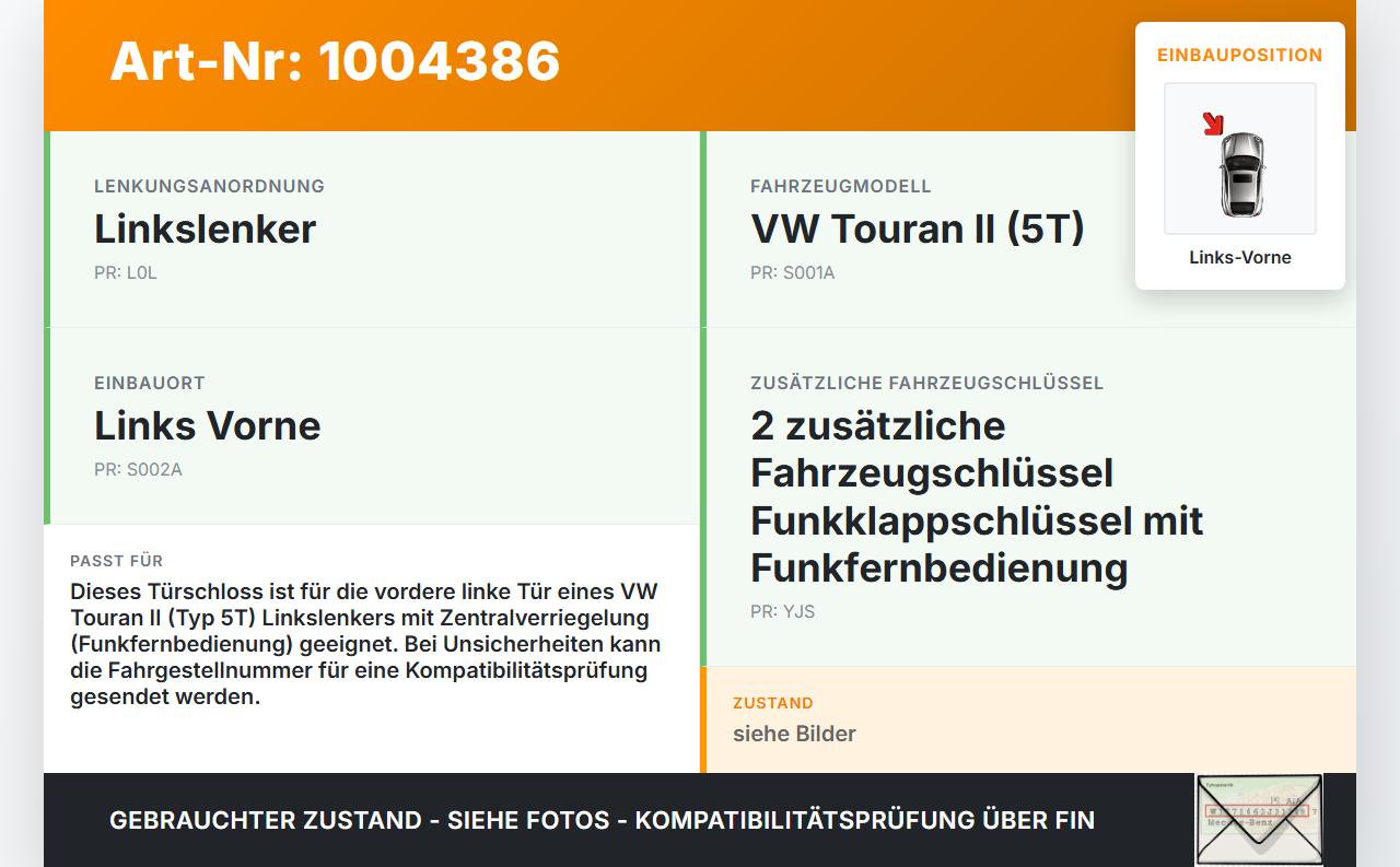 VW Touran II 5T 15-21 Türschloss m. ZV Stellmotor Links Vorne VW Touran II 5T 15-21 24.10.2016 5TB837015C 45810180... Vorschau 3