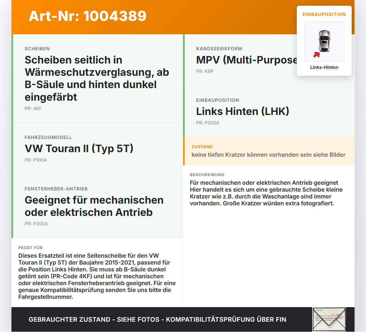 VW Touran II 5T 15-21 Seitenscheibe LHK für Türscheibe Fenster Links Hinten Orig. getönt VW Touran II 5T 15-21... Vorschau 3