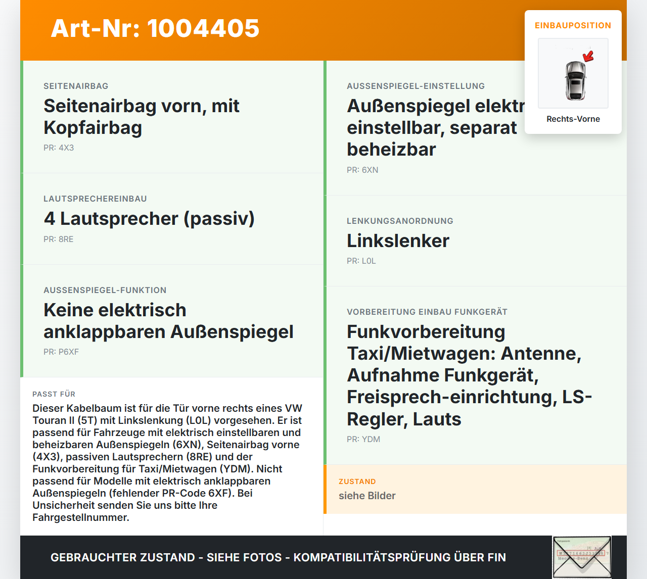 VW Touran II 5T 15-21 Kabelbaum für Tür und Fensterheber Rechts Vorne VW Touran II 5T 15-21 24.10.2016 5TB971121BC... Vorschau 3
