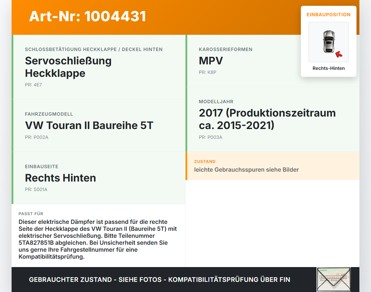 VW Touran II 5T 15-21 Elektr. Dämpfer für Heckklappe Rechts Hinten VW Touran II 5T 15-21 24.10.2016 857338... Vorschau 3